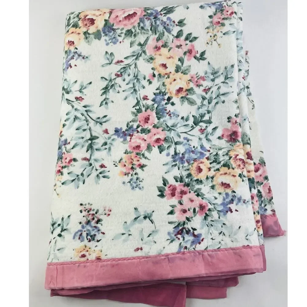 Vintage Blanket WPL1675 Floral Flowers Pink Twin Acrylic Nylon Edge Fleece USA